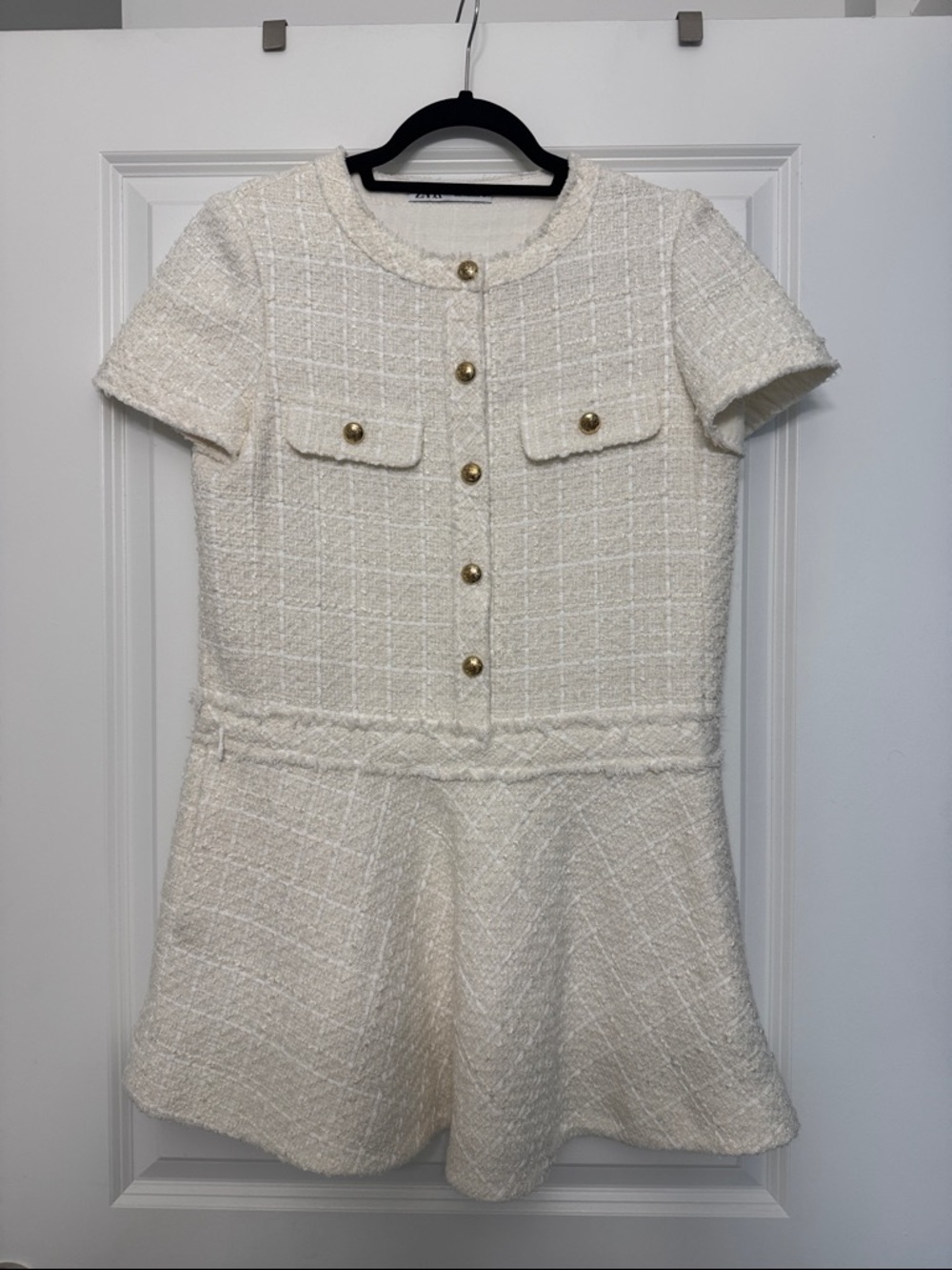 Zara Cream Tweed Short-Sleeve Dress with Gold Buttons